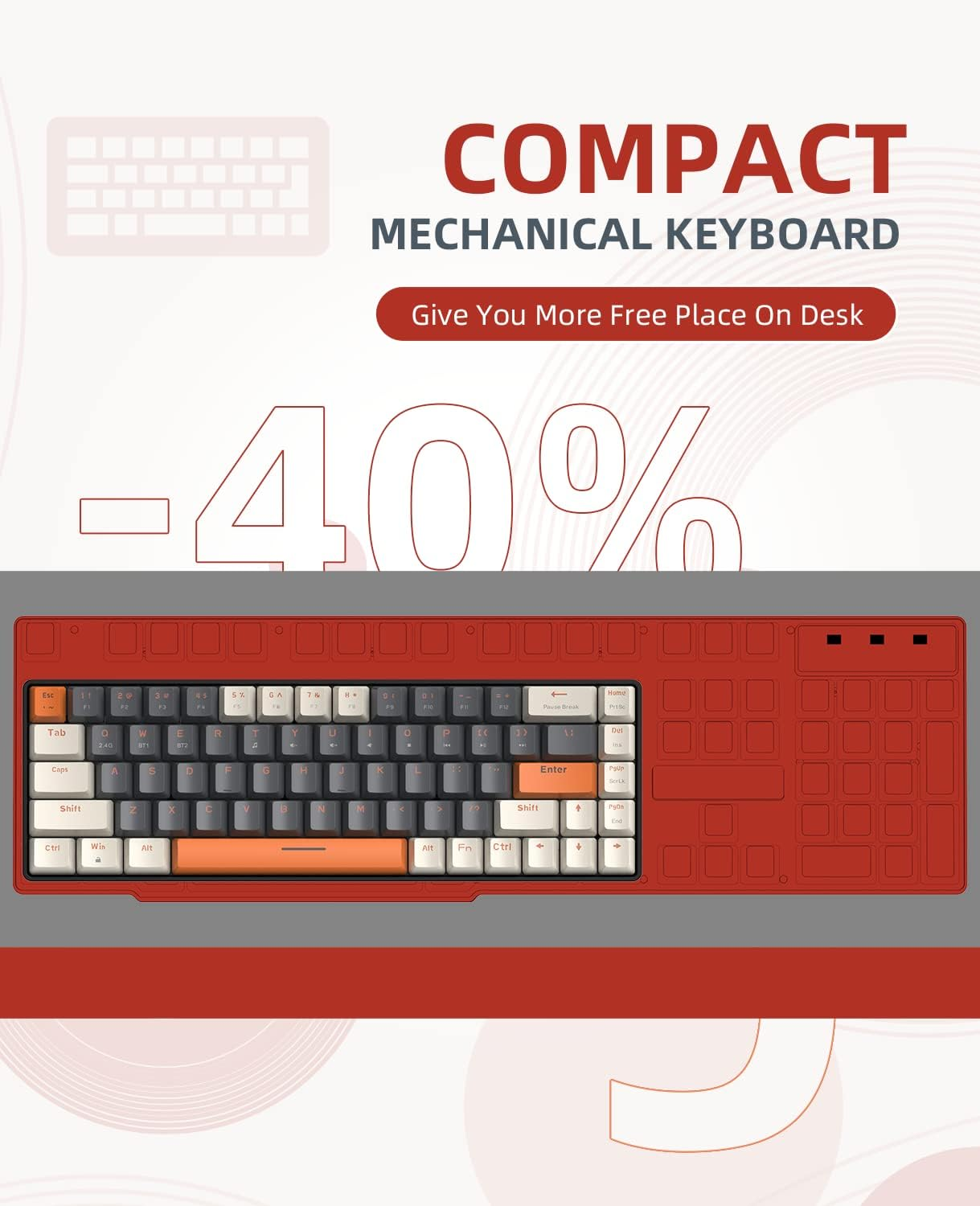 ZIYOU LANG RK68 60% Wireless Mechanical Keyboard, Bluetooth 5.0/2.4Ghz Dual Mode 2-In-1 USB-C Receiver Mini Mechanical Keyboard, Hot Swappable Red Switch Gaming Keyboard for Pc/Mac/Laptops image number 5