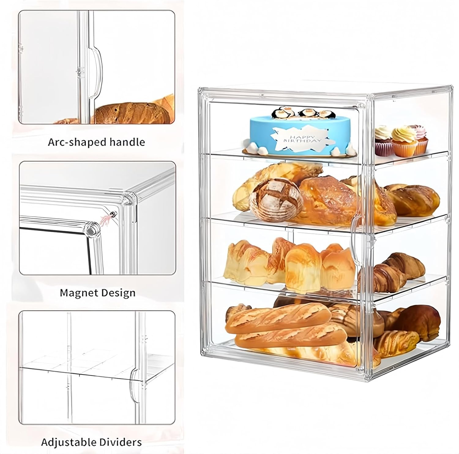 4-Tier Acrylic Pastry Display Case (40X30X25 Cm) - Adjustable Clear Bread Box with Magnetic Door, Large Capacity Bakery Storage for Kitchen Counter, Holds Breads, Muffins, Cookies, Donuts image number 5