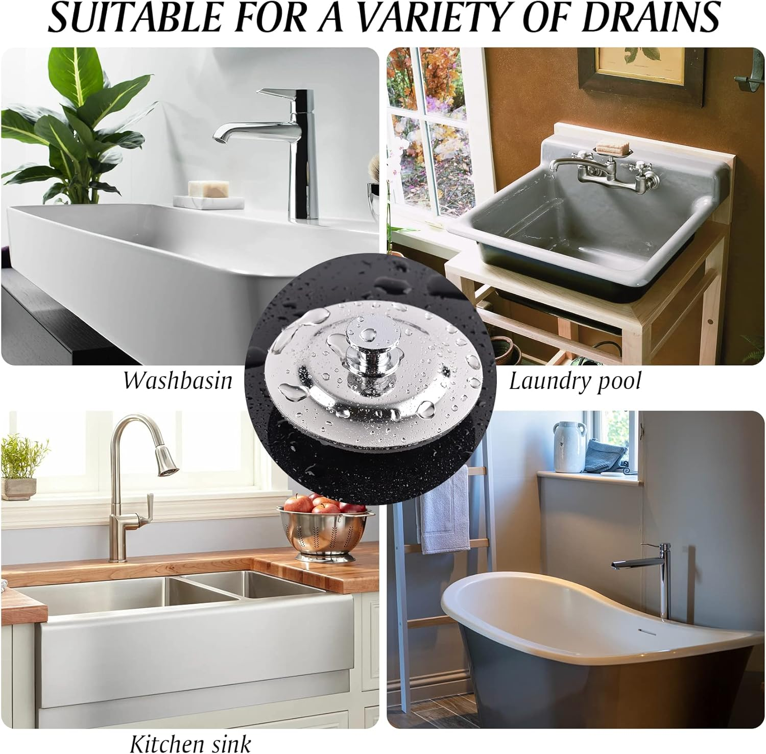 2 Pieces Bath Plug Stainless Steel Push Type Sink Plug Replacement Bath Plug for Bathtub, Kitchen, Vanity, RV Sink Etc with One Handle Easy to Take Out image number 6