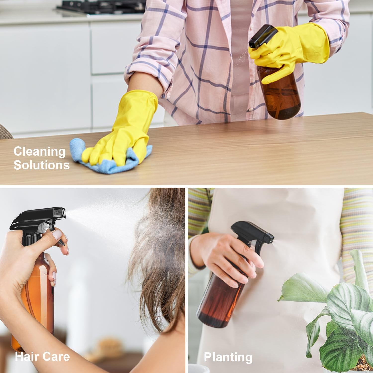 Uineko Spray Bottles 2-Pack, 10 Oz, Mist & Stream, Heavy Duty Spraying Empty Water Sprayer Bottle, BPA Free Plastic Refillable Containers for Cleaning Solutions, Plants, Hair, Essential Oils (Amber)