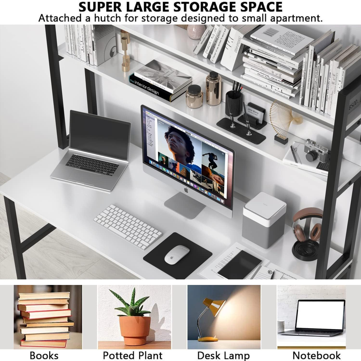 Aquzee Computer Desk with Hutch and Shelves for Small Spaces, Modern Ergonomic Home Office Design, Easy Assembly, 120Cmw&times;61Cmd&times;165Cmh,White image number 2