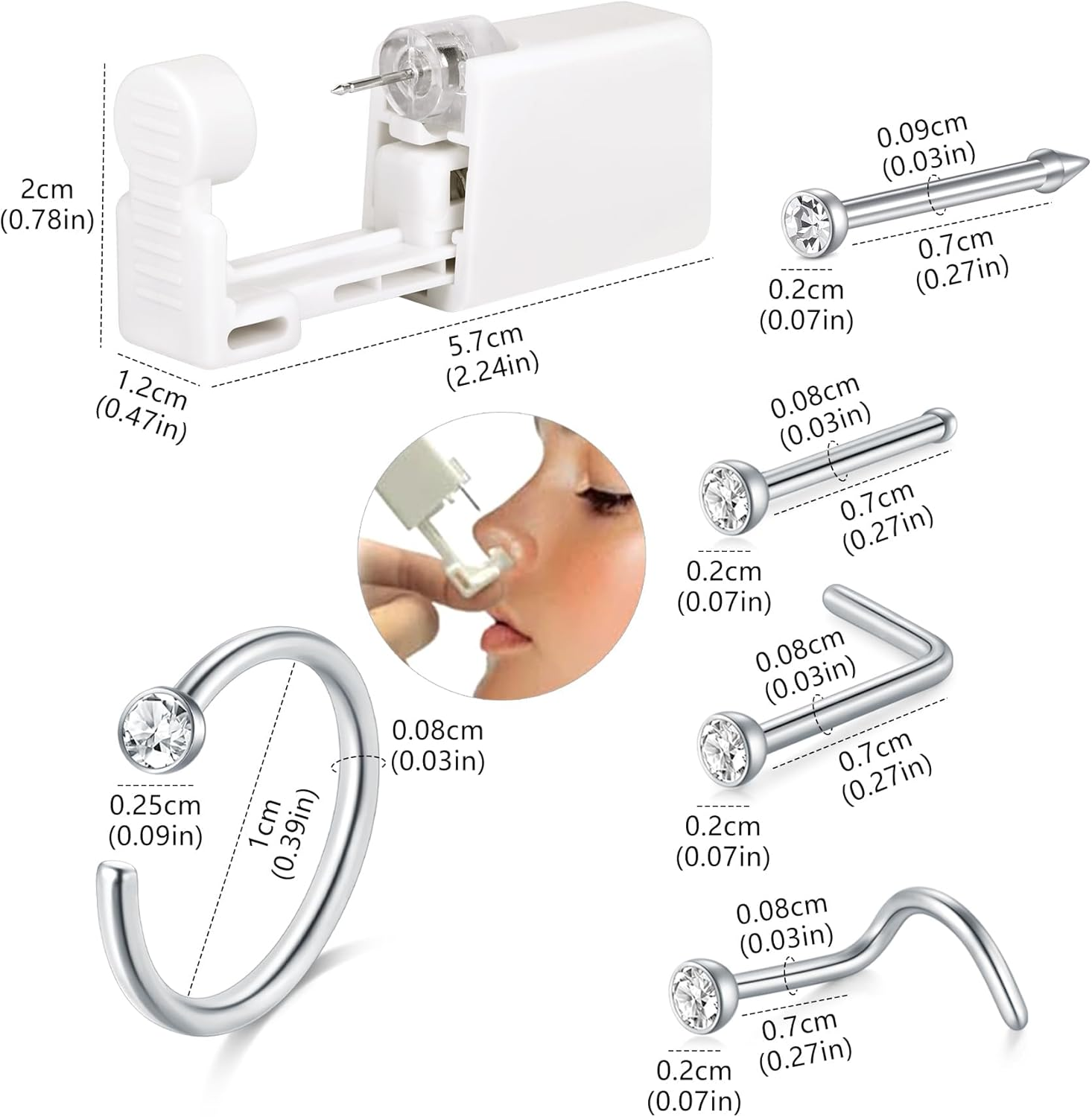 DJCIW 8Pcs Nose Piercing Kit, Piercing Gun Built-In Silvery Nose Studs, Painless Self Piercing Kit with 20G Nose Hoop Rings Studs, Disposable Piercing Gun for at Home Nose Piercing - 8Pcs-Silvery image number 3