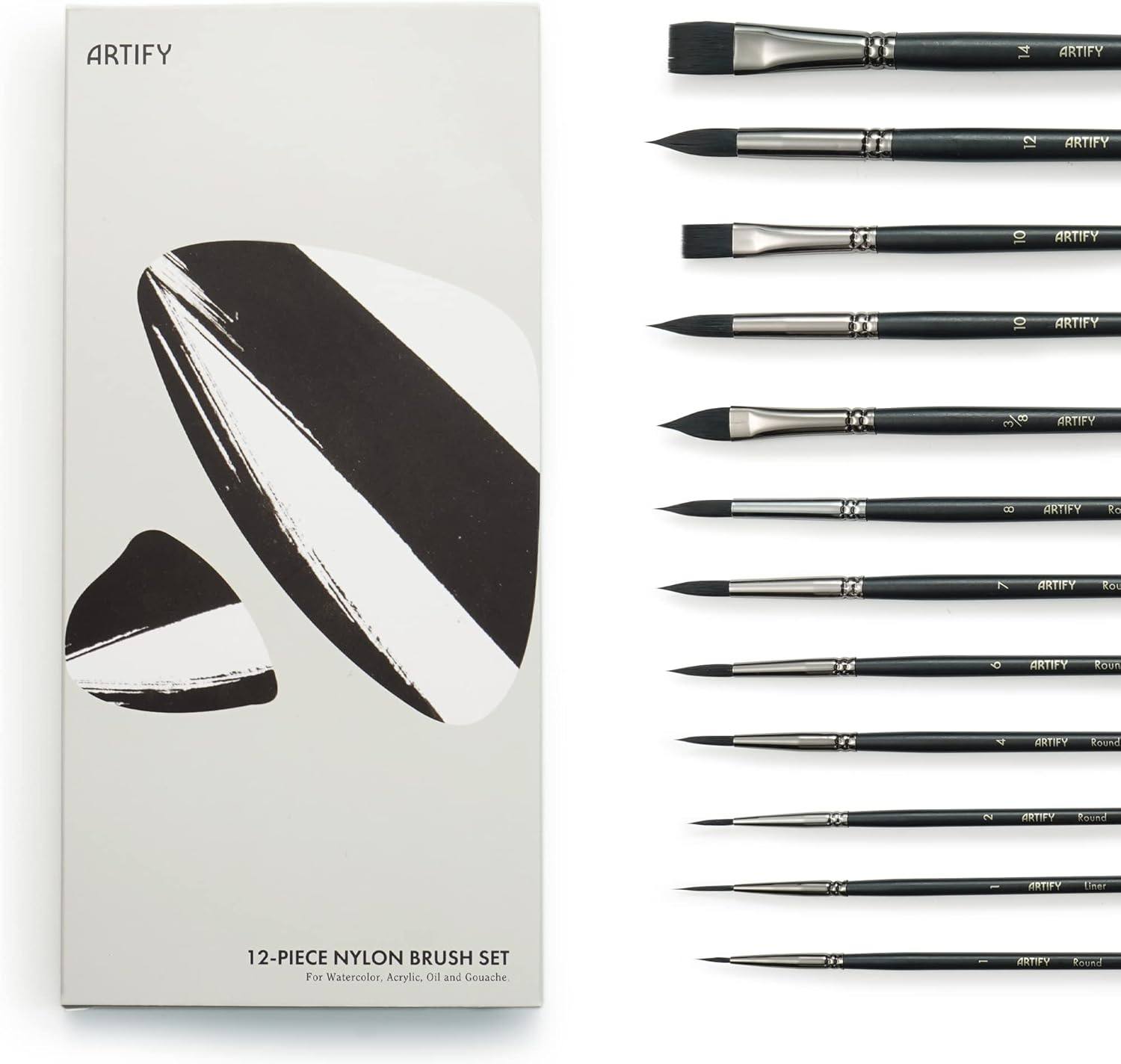 ARTIFY 12 Pcs Watercolor Paint Brushes Premium Nylon Hair Paint Brushes for Oil Painting Acrylic Painting for Kids and Adults, Beginner and Artist, Figger round Flat Cat'S Tongue Shape, Black