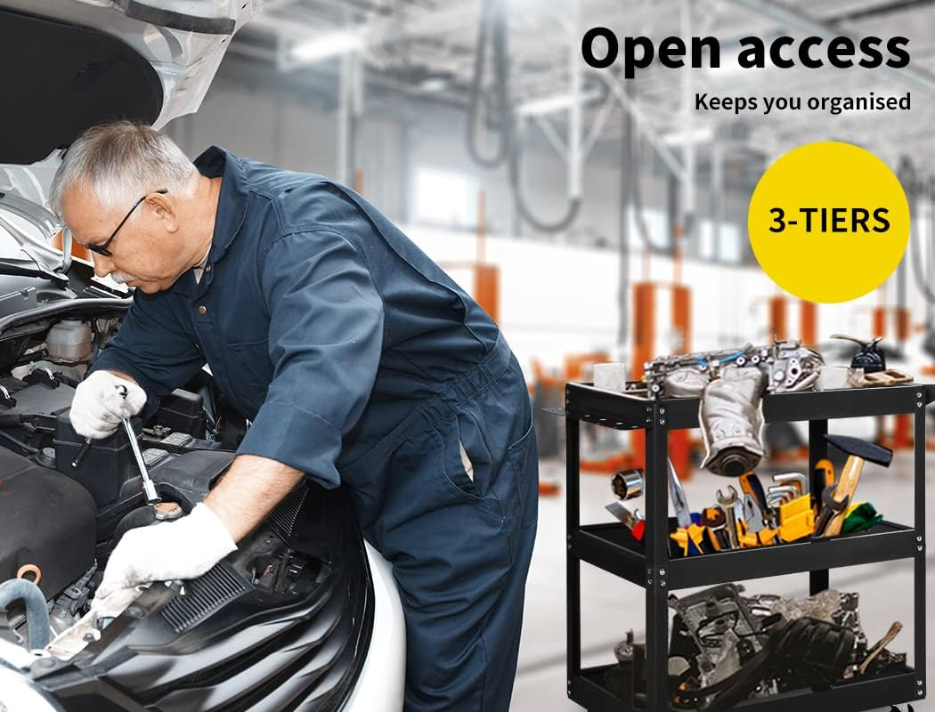 Traderight Tool Cart Trolley 3-Tier Toolbox Workshop Garage Storage Organiser, 150 Kg Capacity, Black image number 6