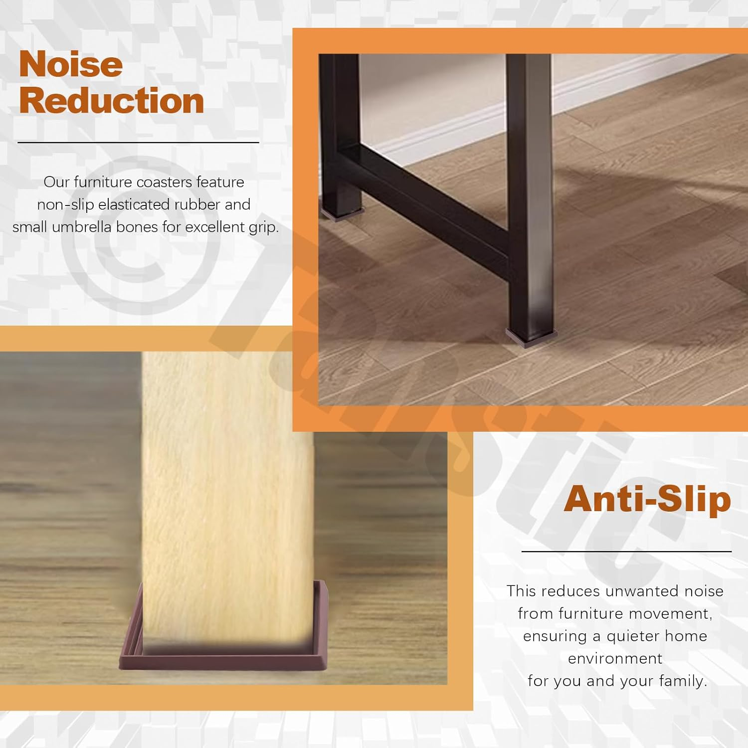 Tanstic 4Pcs 3X3 Square Rubber Furniture Caster Cups with Anti-Sliding Floor Grip Square Rubber anti Skid Caster Cups Non Slip Furniture Pads for Sofa Bed Chair(Brown) image number 5