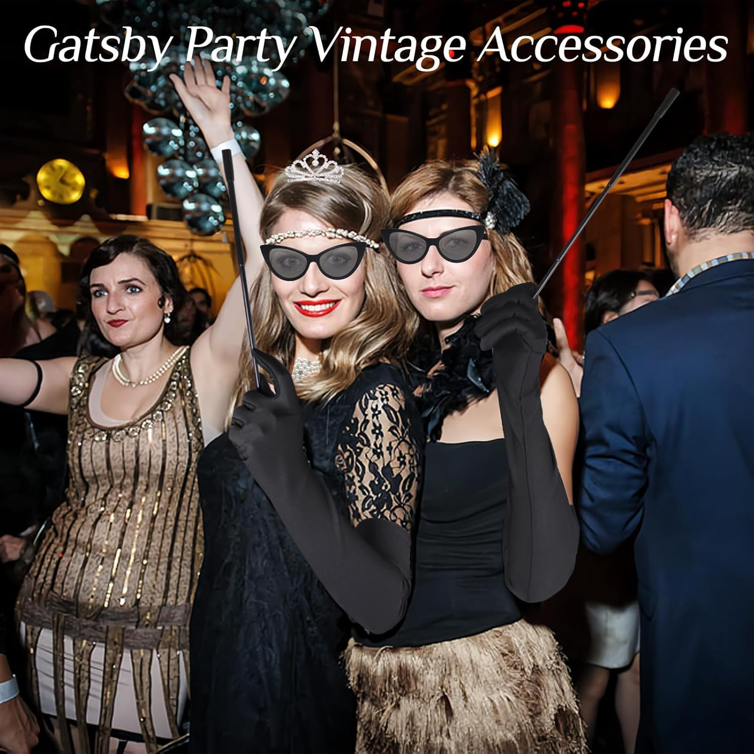 6PCS 1920 Retro Costume Accessories for Women, Fancy Dress Set with Pearl Necklace Tiara Earrings Gloves Sunglasses for Cosplay Carnival Birthday 20S Party image number 4