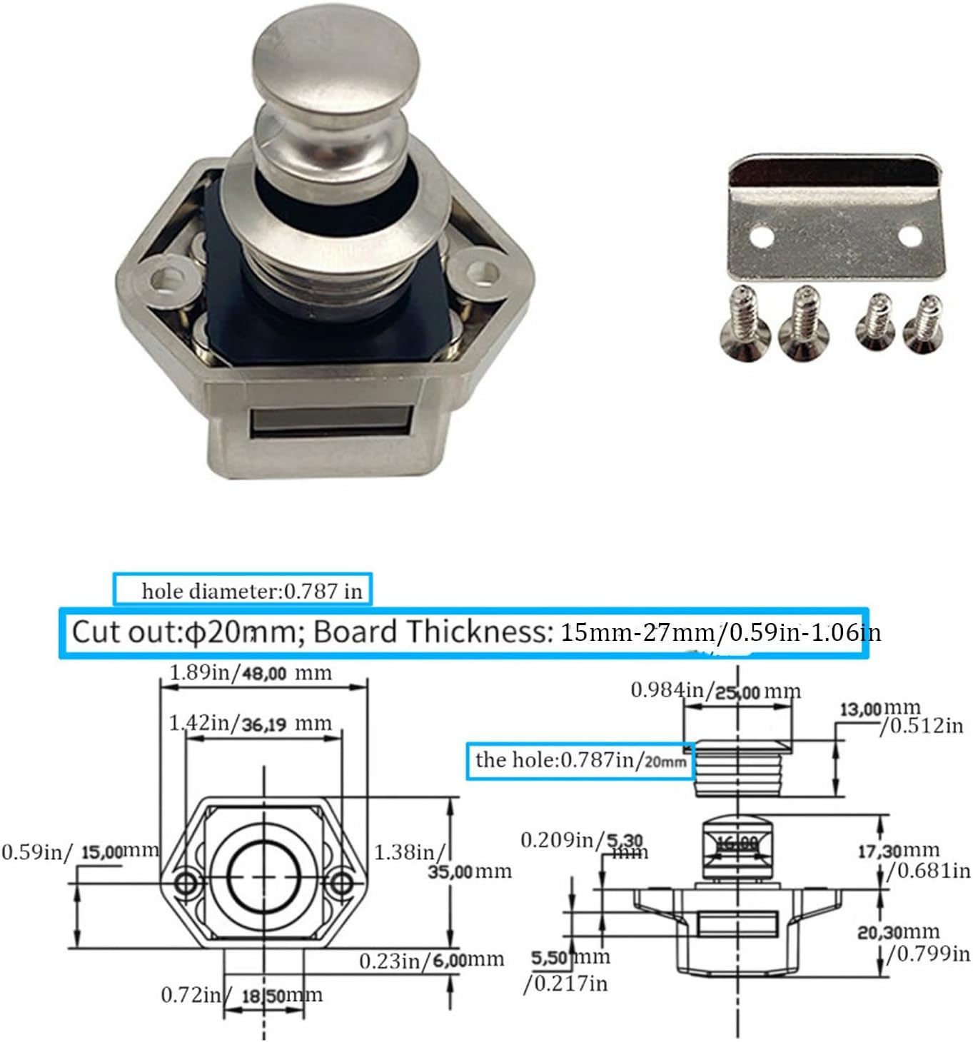 6 Pack Motorhome Push Locks,Cabinet Door Lock Catch with Push Button, Keyless Motorhome Lock Latch for Rvs, Motorhome, Yachts, Boats, Cut Out 20Mm RV Camping Cabin Push Lock (Pearl Nickel) - Pearl Nickel image number 6