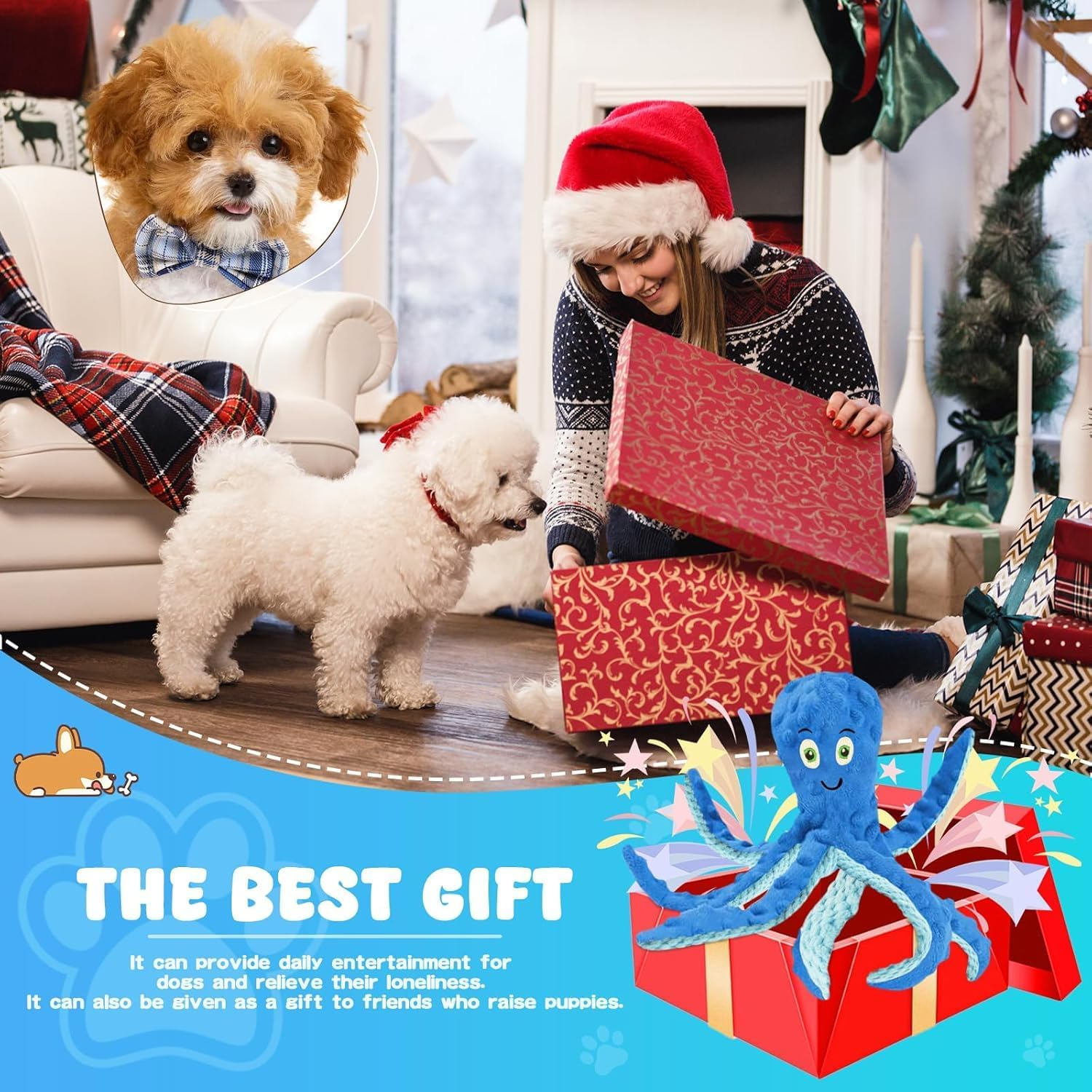 Dog Squeaky Toys, Octopus Interactive Play Toy，No Stuffing Plush Dog Chew Toy with Crinkle Paper for Medium and Large Dog Playing (New Blue) image number 1