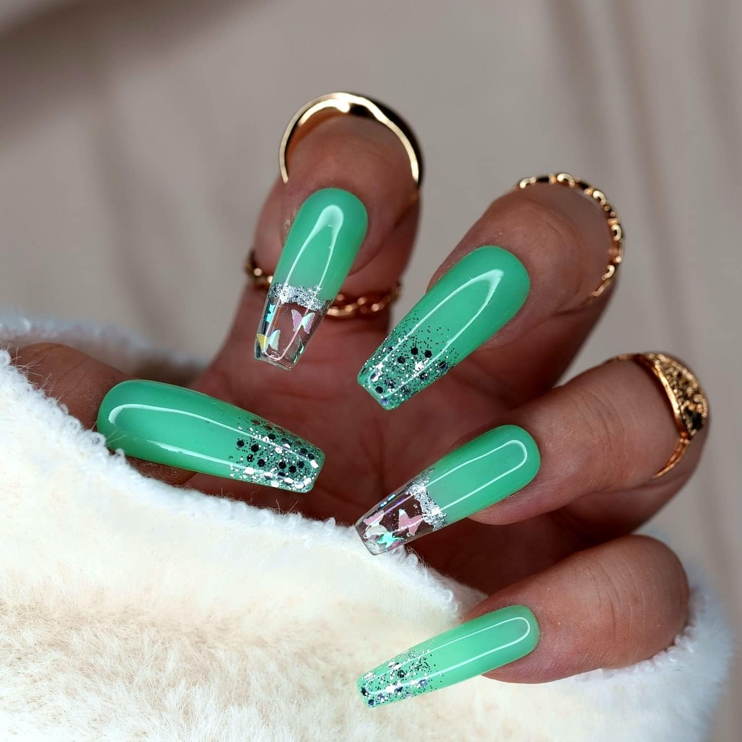 10 Pcs Handmade Press on Nails ( M, Mint Butterflies / Minty Green Silver with Glitter French Tips Holo Butterflies / Long Coffin) A021M image number 4