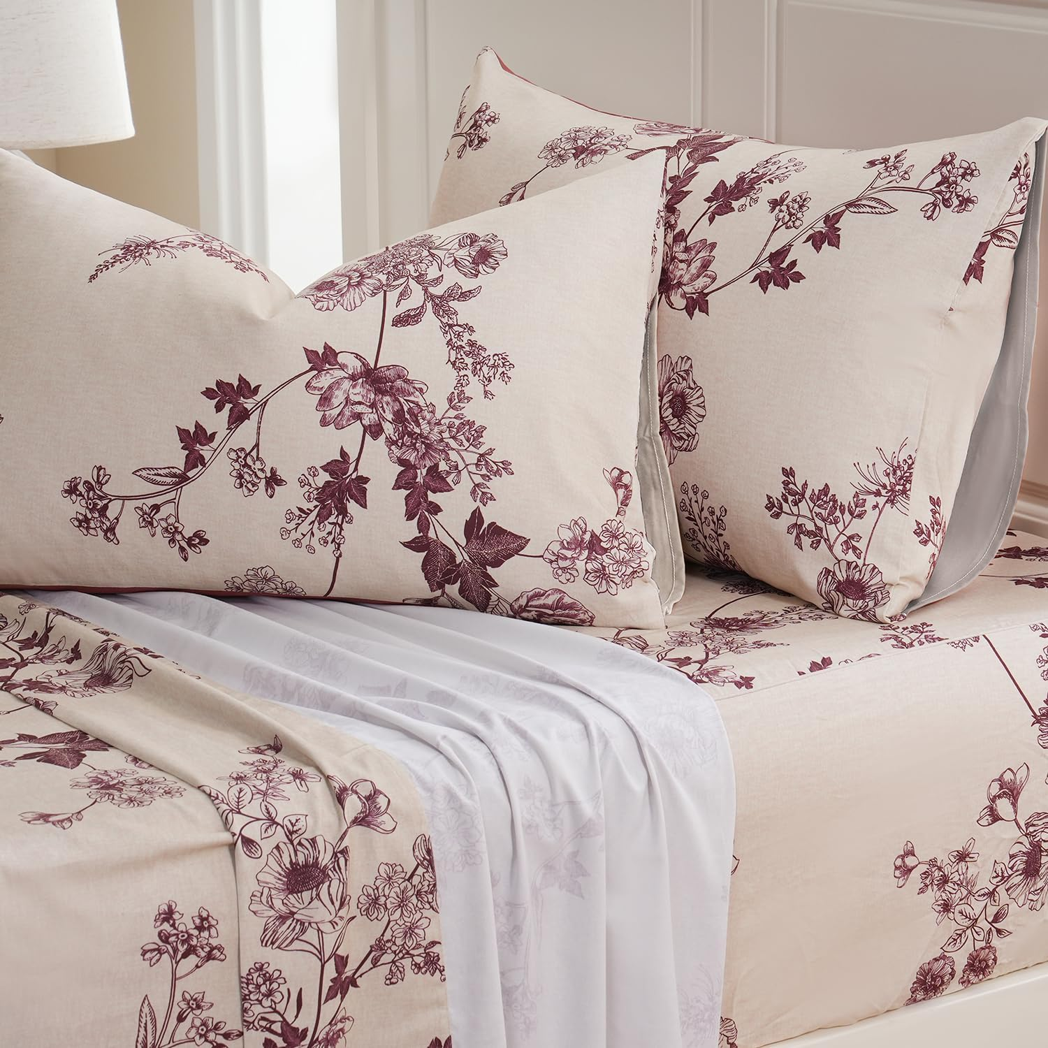 Zusbest Dark Brown Floral Bed Sheets Set - Queen Size Percale Cotton Shabby Rustic Peony Flower Print Bed Sheets - Soft Breathable Mocha Classic Vintage Bedding 4 Pcs Deep Pocket Flower Bed Sheets