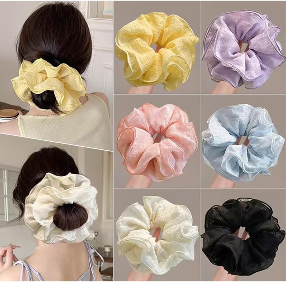 Chiffon Scrunchies Hair Scrunchies with Large Flower Women'S Elastic Bands Soft Elastic Ponytail Holder for Women Girls Hair Accessories (Style I, Pack of 6) image number 6