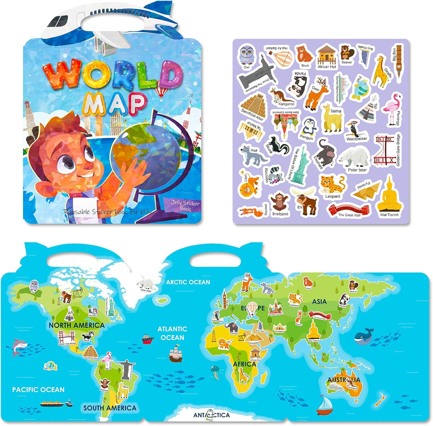 Reusable Sticker Book for Kids,37Pcs Stickers World Map Landmark Activity Education Learning Toys Books for Toddlers Girls Boys Age 3+ Birthday Gifts. (World Map) image number 6