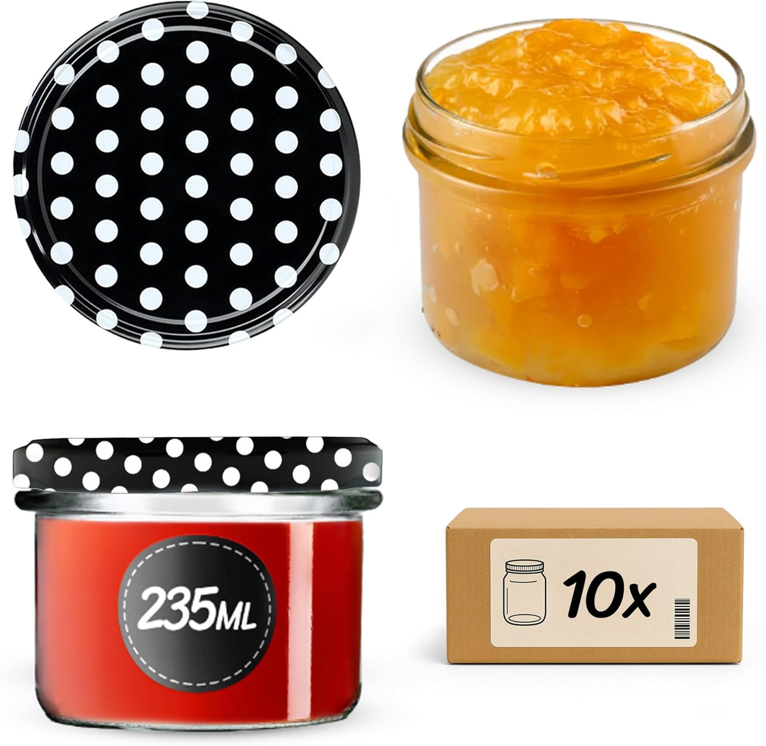 KADAX Glass Jars 235 Ml, Small Preserving Jars with Metal Lids for Homemade Jam, Marmalade and Honey, Jars for Storing Spices and Herbs (Fruits, Set of 10)