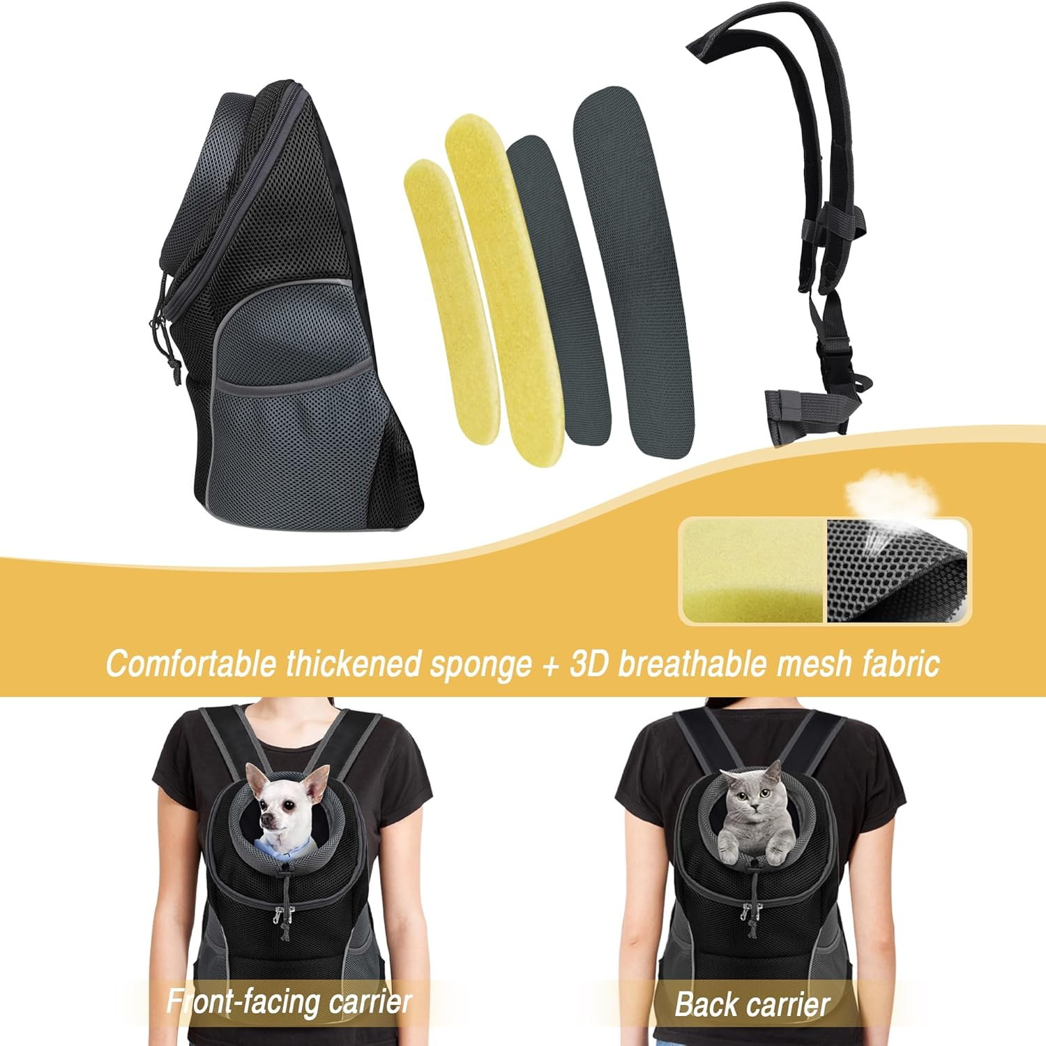 WOYYHO Pet Dog Carrier Backpack, Small Dog Front Backpack Ventilated Dog Carrier Back Pack with Storage Pockets, Adjustable Straps & Safety Belt for Travel Hiking Outdoor (Size S: 2-4.5 Lbs, Black)