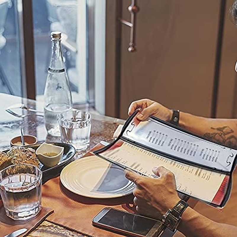 A4 Menu Covers Menu Book Holders, 4 Page 8 View Transparent Restaurant Menu Covers, Fits A4 Size Paper，Bar Cafe Restaurant Book Black Folder image number 1