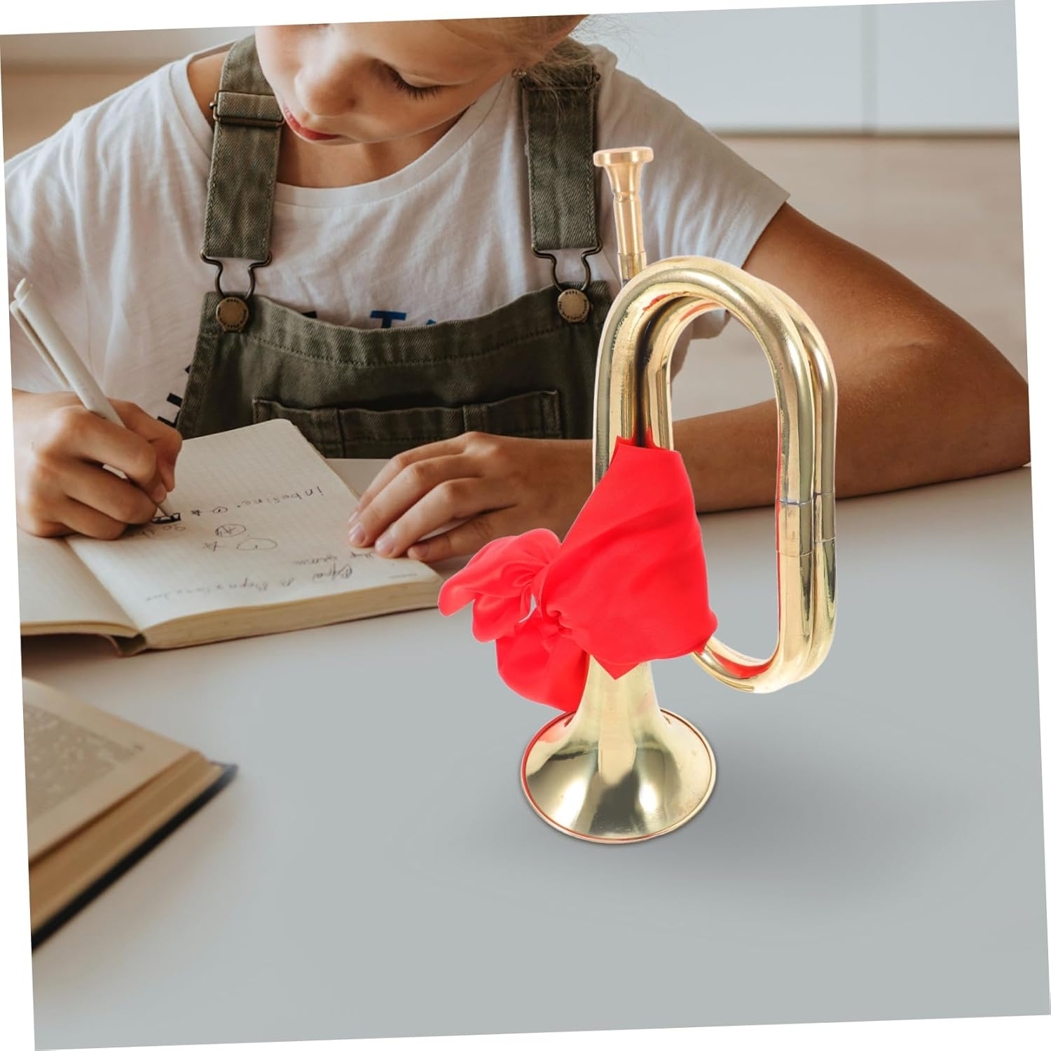 Metal Bugle Trumpet Band Instrument for Beginners with Scarf, Brass Wind Instrument for School Marching Bands and Teen Music Players in Gold image number 5