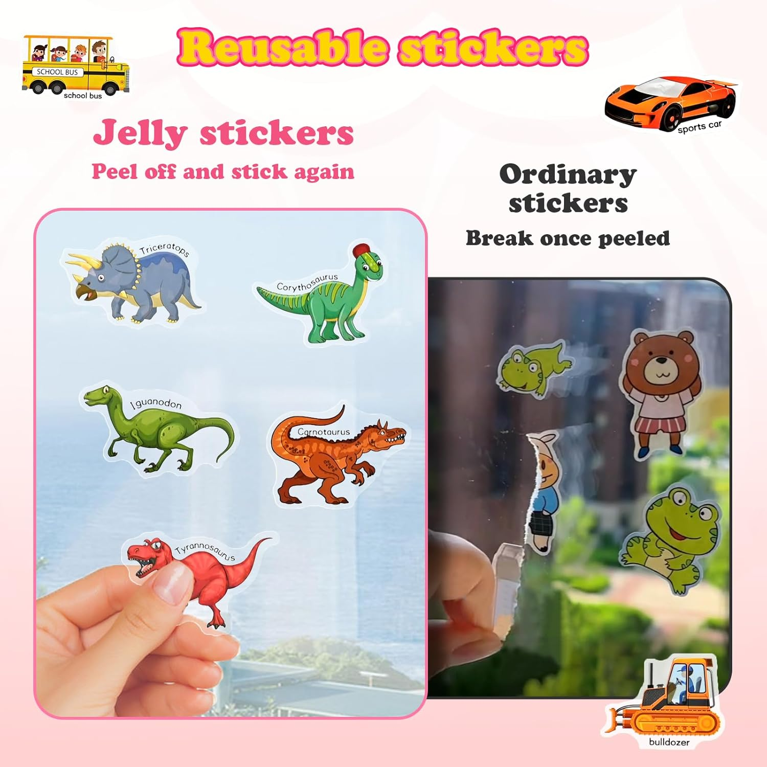 Eoocoo 3 Pack Reusable Sticker Books for Kids 3-5, Travel Airplane Activity Stickers for Boys Girls, Education Learning Toys for Toddler Party Birthday Gifts-Space, Dinosaurs and Vehicles image number 3