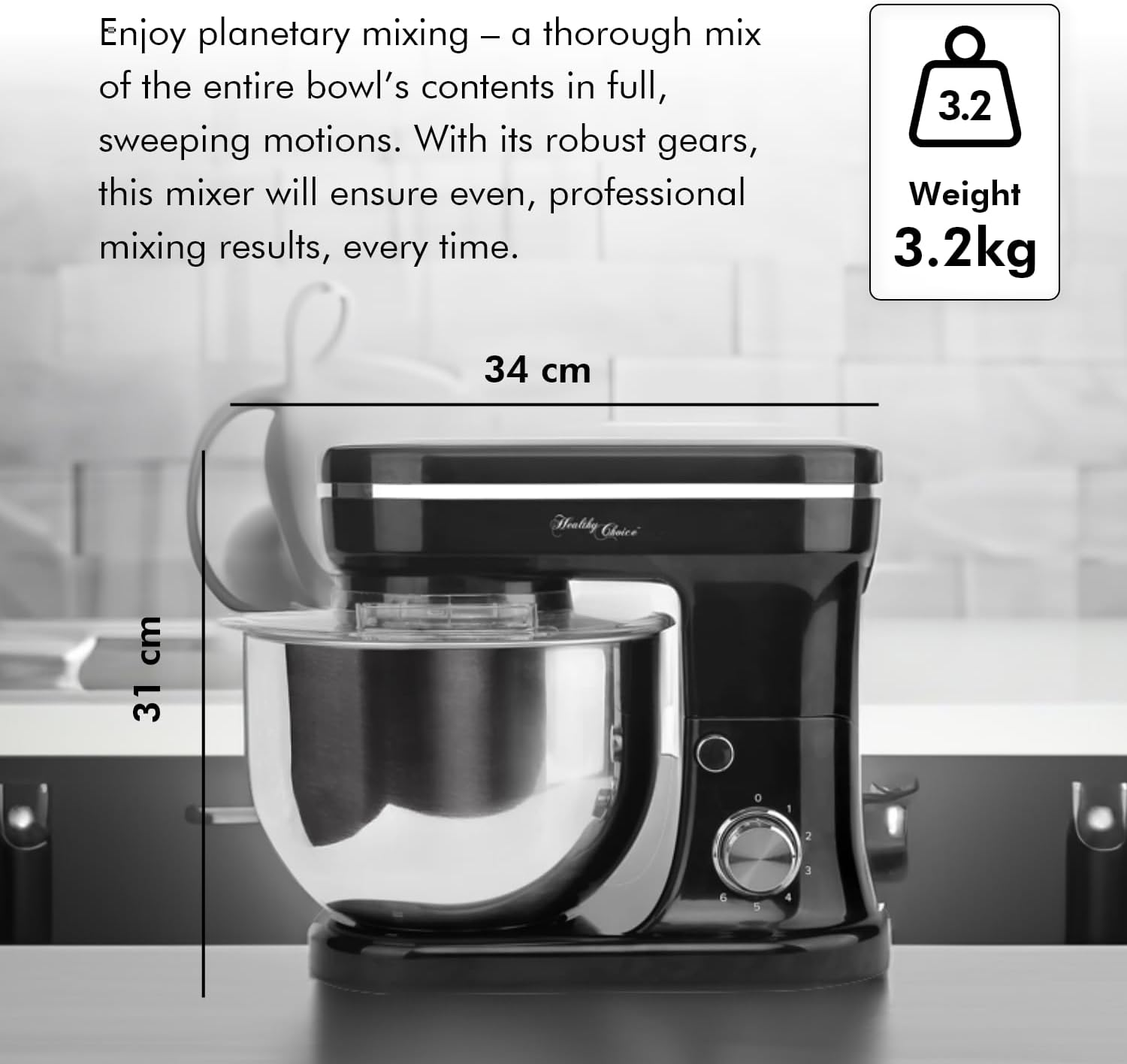 Healthy Choice Kitchen Mixer 1200W Stand Mixer - Planetary Mixing, Robust Gear Mechanism, Electronic Speed Settings, 5L Stainless Steel Bowl, Pouring Shield - Black (MMX1200) image number 6