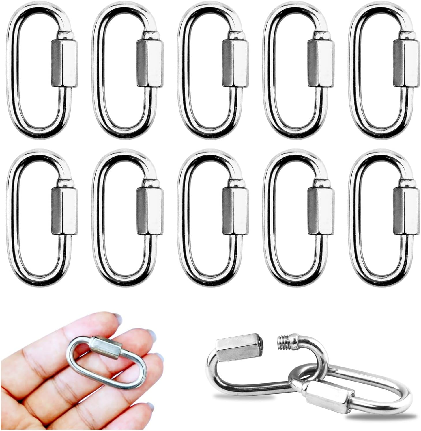 YETOOME 10 Pack 304 Stainless Steel M3.5 Chain Link, 1/8 Inch D Shape Locking Quick Chain Repair Links Pets Keychain for Outdoor Traveling Equipment image number 4