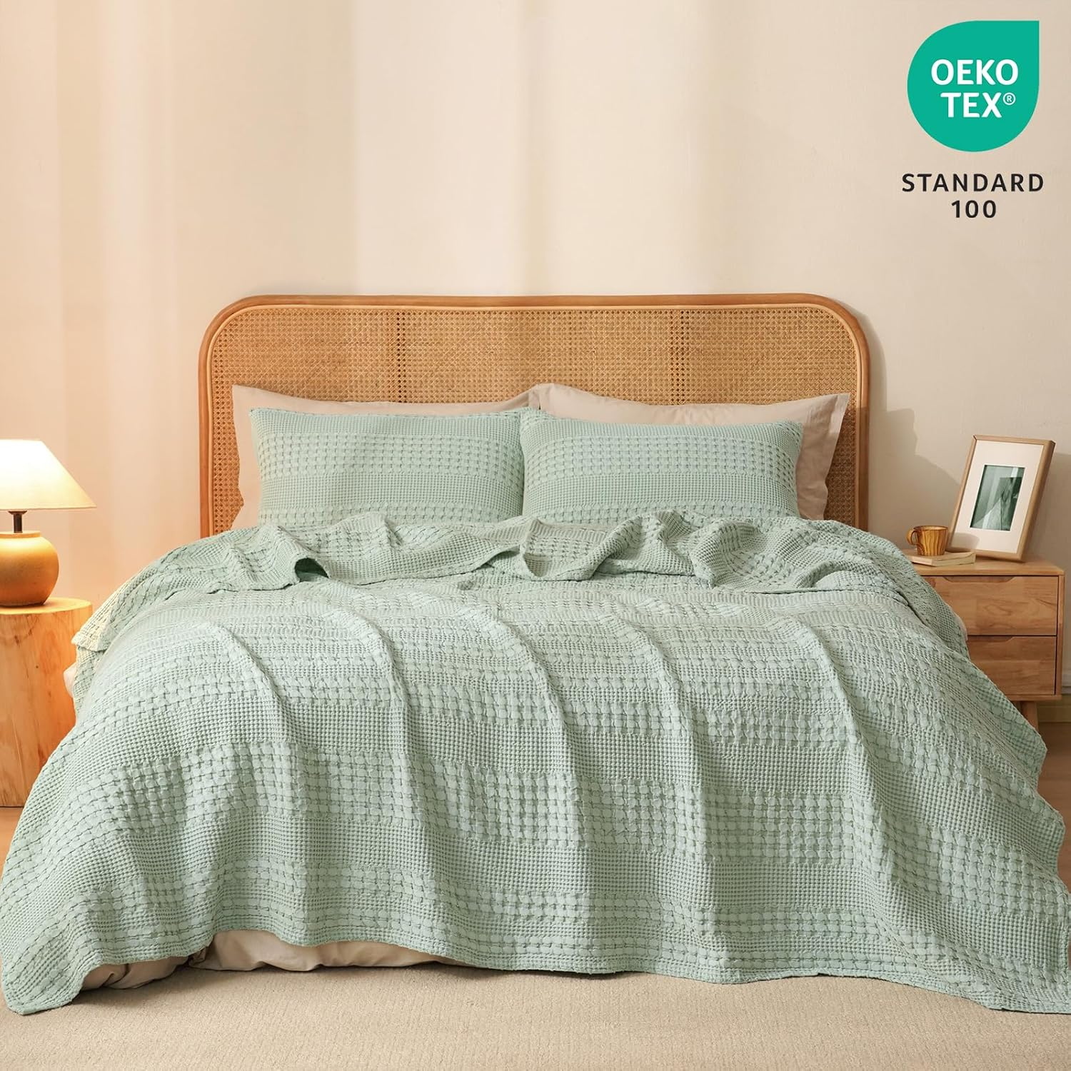 PHF 100% Cotton Waffle Weave Blanket Twin Size, Soft Lightweight Breathable Cozy Summer Blankets for Bed, Luxury Aesthetic Woven Bedding for Home Decor, 66"X90", Sage Green image number 3