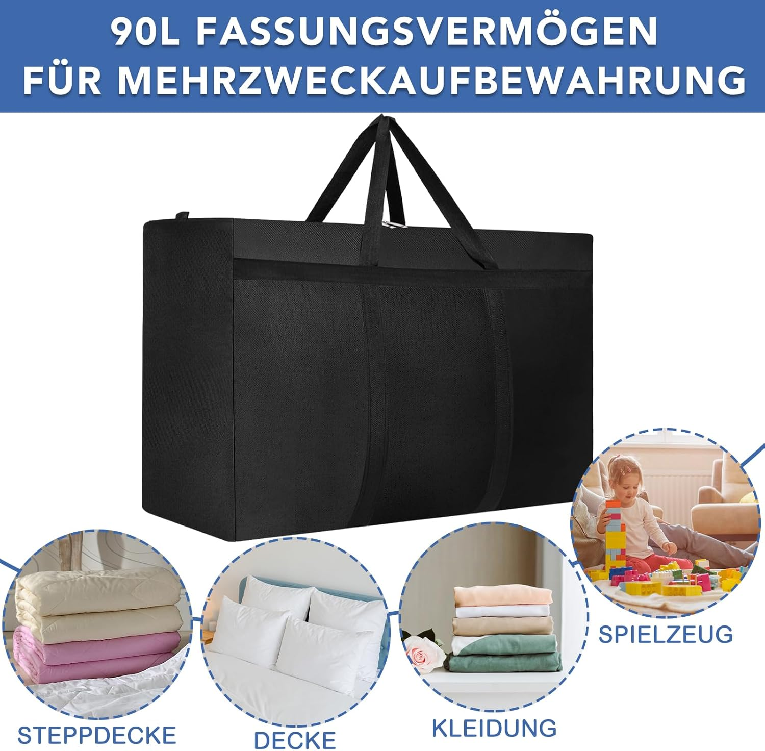 Dntorx Pack of 4 90L Large Storage Bag, Oxford Heavy-Duty Moving Bags, Moving Boxes, Large with Zip, Handle, Travel Bag, Carry Bag for Moving, Camping, Bedding, Clothing, Storage