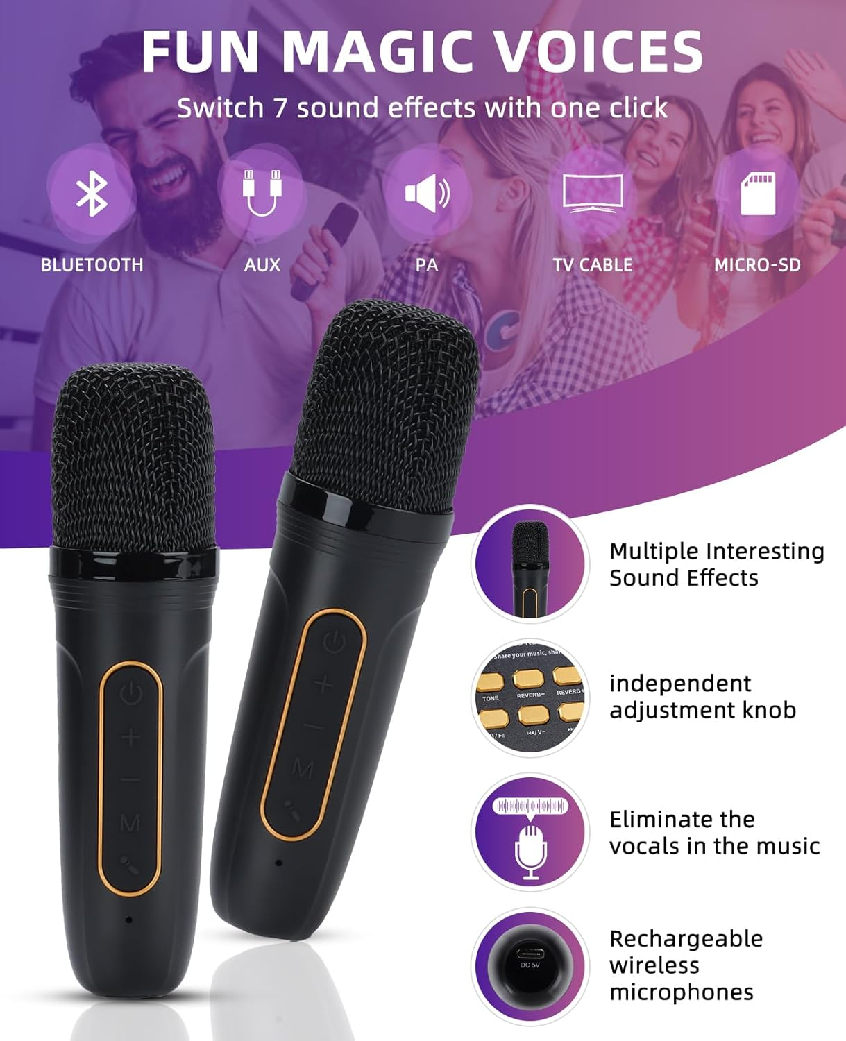 JIEFOCH Portable Karaoke Machine with 2 Wireless Karaoke Microphones for Adults and Kids, Singing Machine Bluetooth Karaoke System for Home Party, Meeting (Black) image number 5