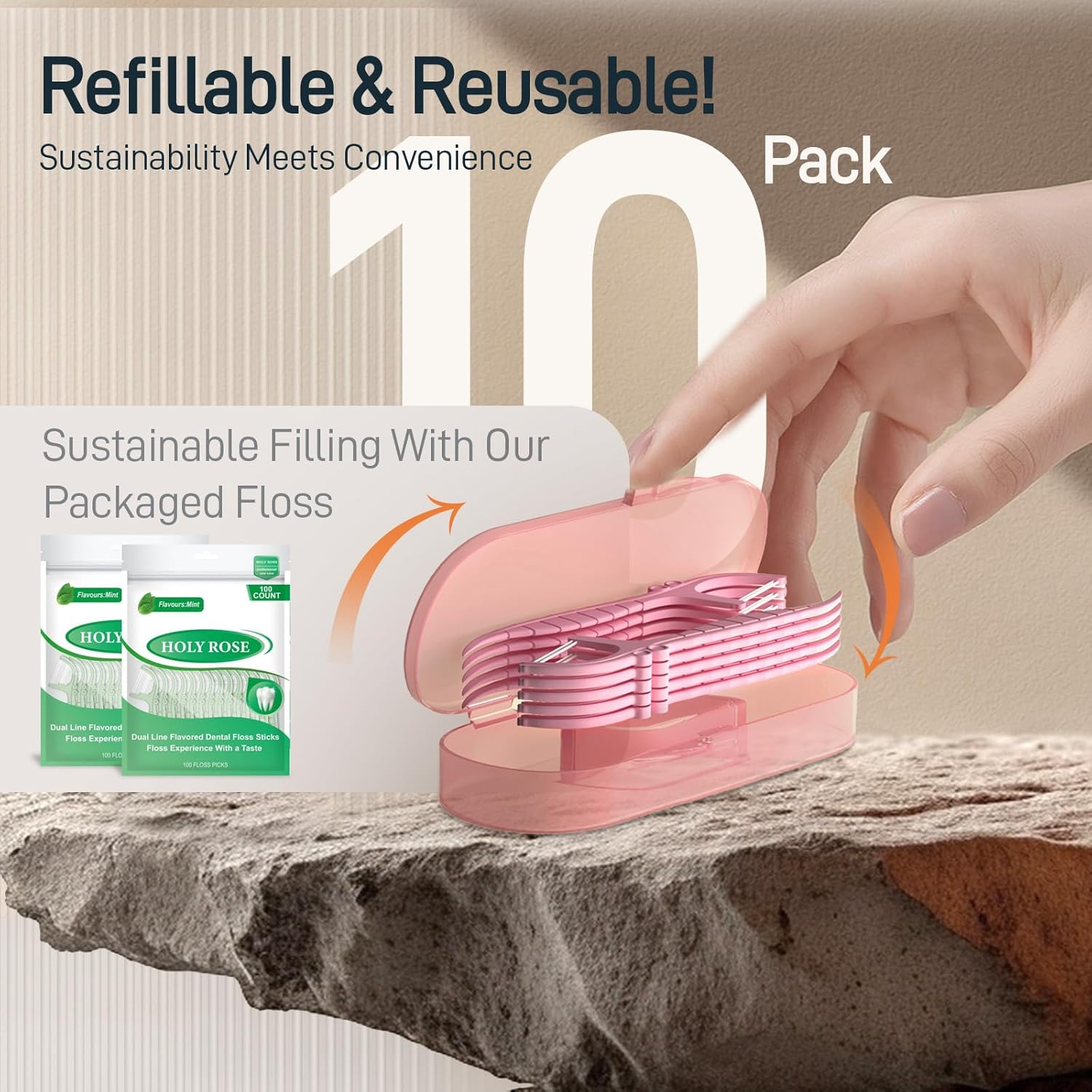 Holy Rose Pink Dental Floss Picks with Micro Travel Case - 6-Box Pack (10 Double String Flossers Each) - Easy Teeth Clean for Adults, Perfect for Home and On-The-Go Flossing image number 5