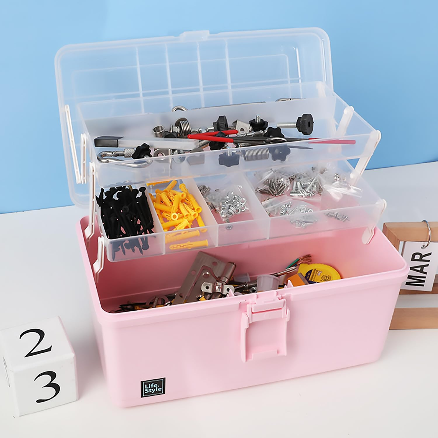 Foldable Multiple Layers Extra Large Plastic Storage Case with Compartments, Crafts Arts Storage Box, Handled Sewing Box, Multipurpose Plastic Box, Pink image number 3