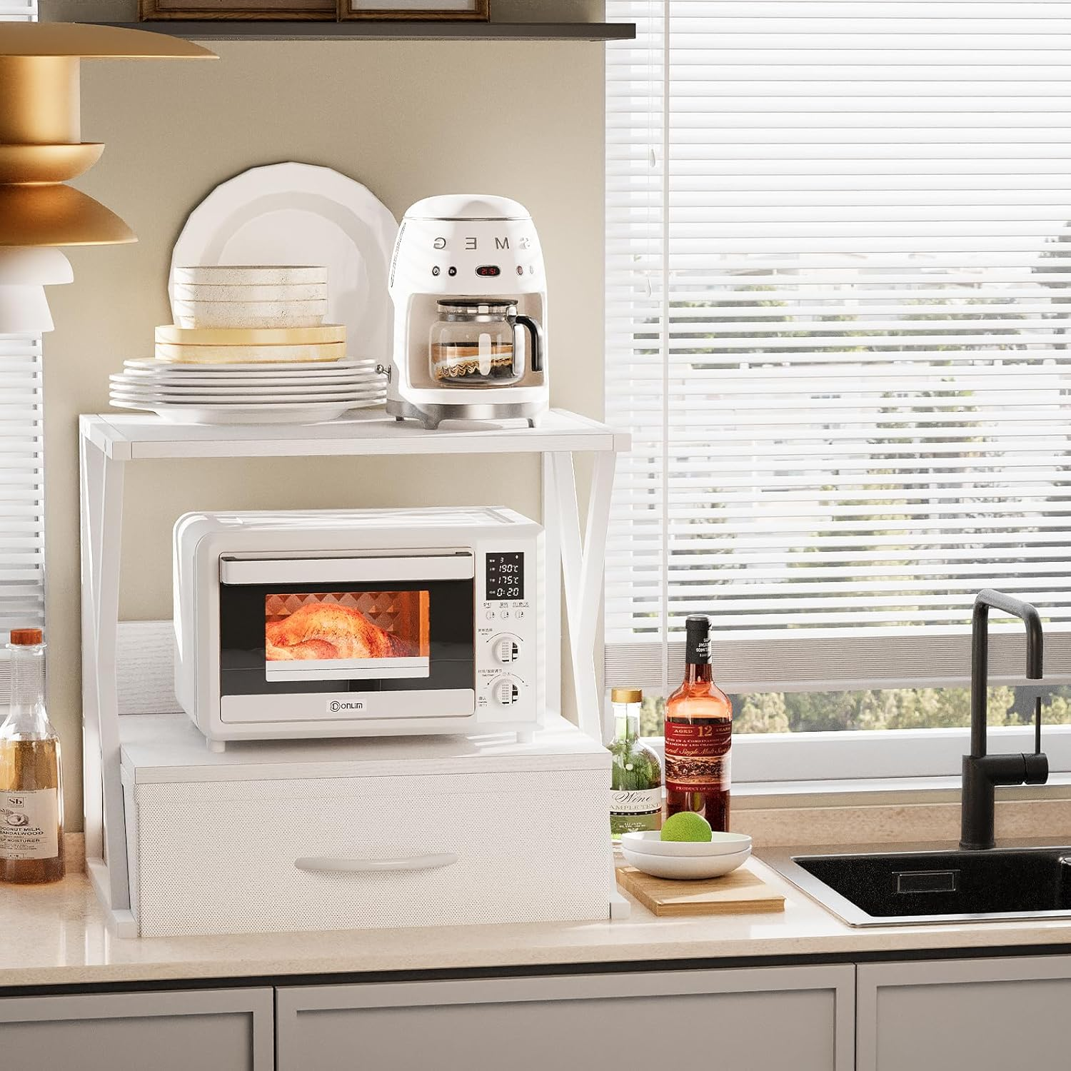 Aboxoo Printer Stand for Desk with Storage Drawer, 2 Tier Desktop or under Desk Shelf, Multi-Purpose Desk Organizer for Home Office, Fit Fax Machine/3D Printer/Scanner, White image number 2