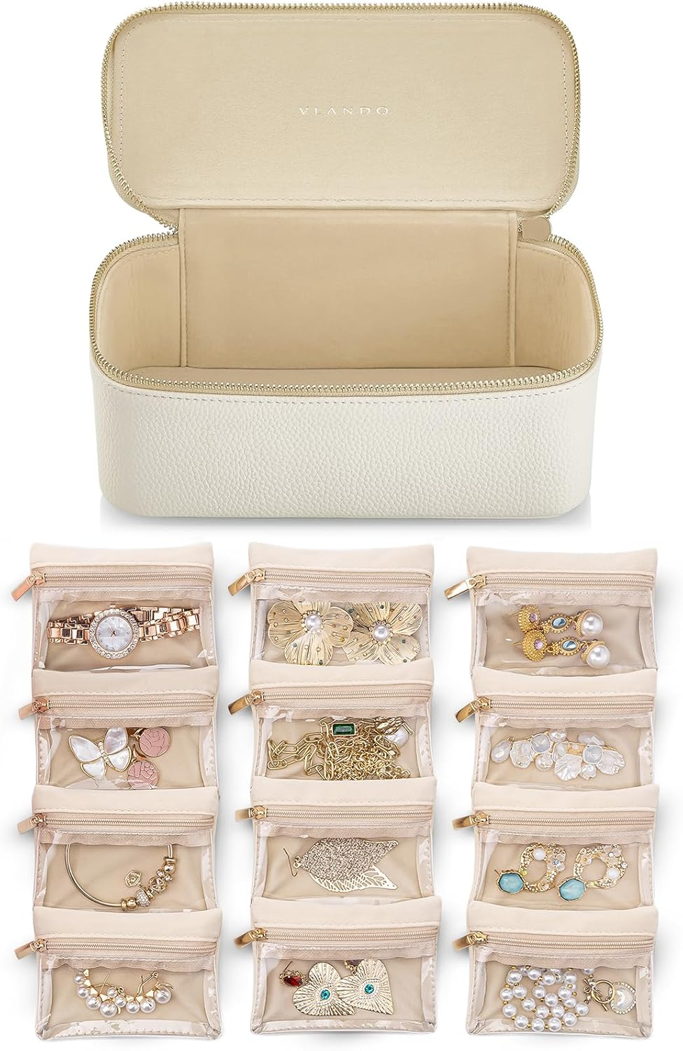 Vlando Travel Jewellery Organiser,Pu Leather Jewellery Box with 12 Velvet Jewellery Pouch, Jewellery Case for Necklace,Ring, Gifts for Women, White-L image number 4