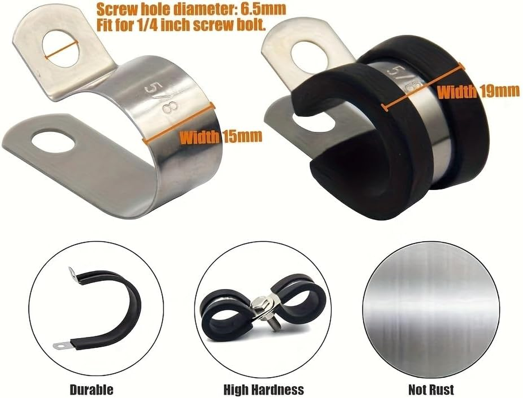 Rubber Cushioned Cable Clamp Assortment 52Pcs Kit YS189 - Hose Clamps - Cushioning Insulated Cable Pipe Clips Stainless Steel Rubber Pad Pipe Clips in 6 Sizes: 1/4" 5/16" 3/8" 1/2" 5/8" 3/4" image number 3