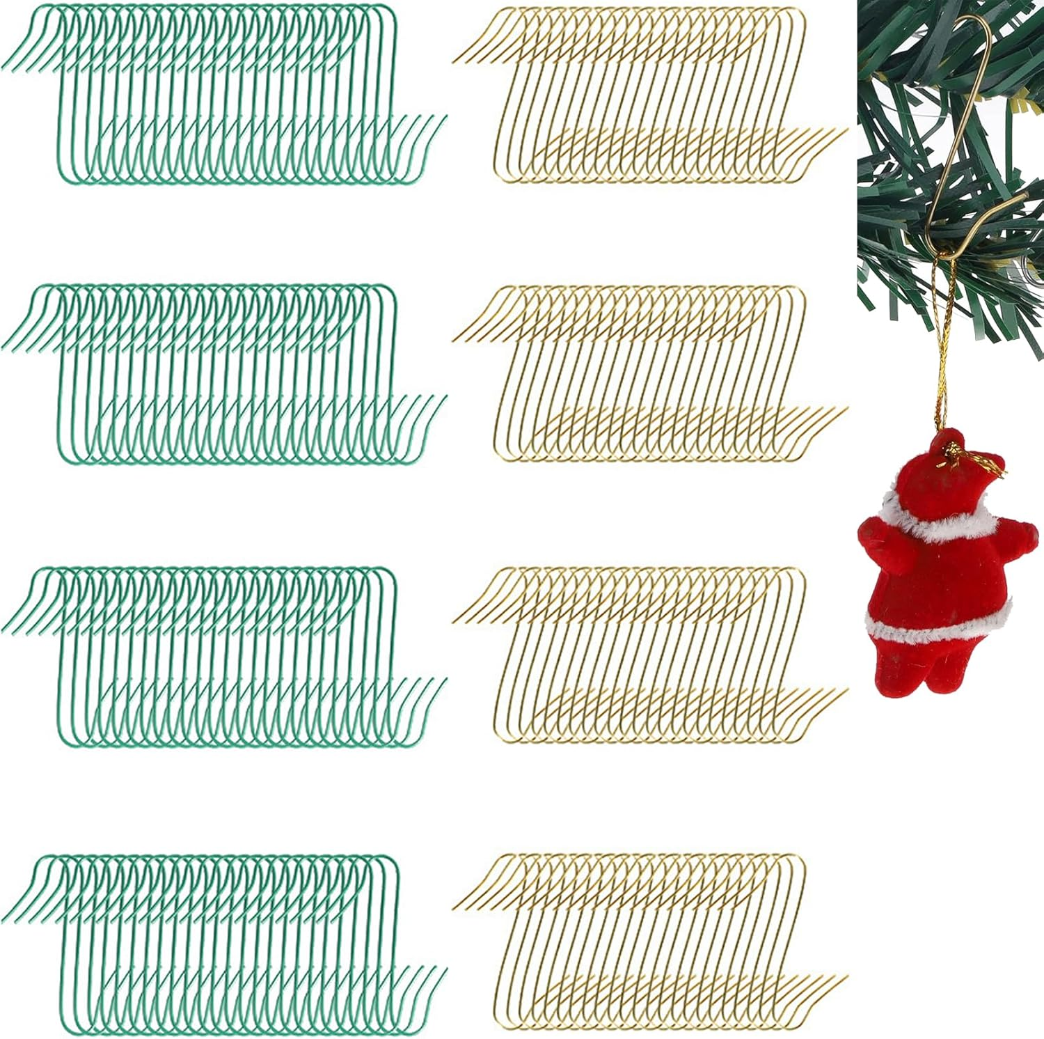 Christmas Tree Ornament S Hooks,Haakhui 200Pcs Metal Wire Ornament Hooks,Lightweit and Easy Haning to Xmas Tree,Gold and Green Easy Matching Anywhere image number 6