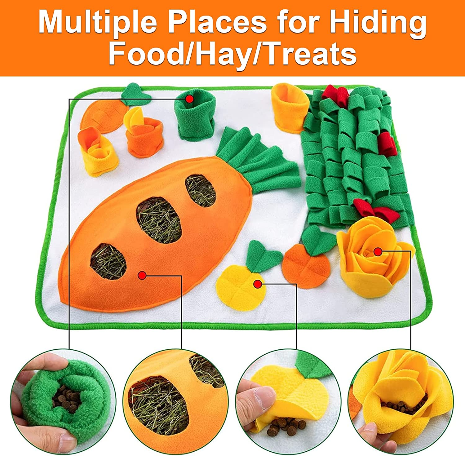 Adpartner 24" X 20" Rabbit Foraging Mat with Carrot Toy, Interactive Snuffle Feeding Pad for Boredom, Polar Fleece Pet Feed Game for Rabbits Bunny Guinea Pigs Chinchillas Ferrets image number 6