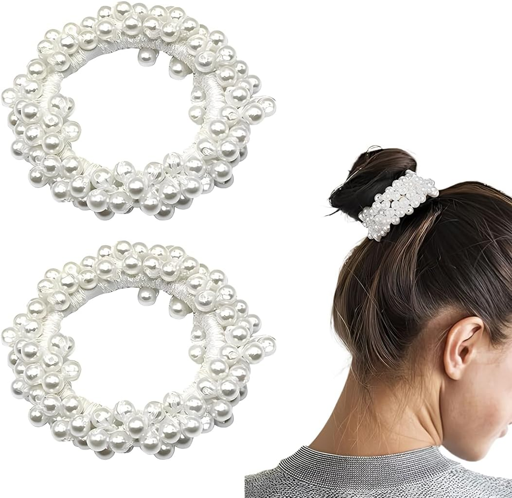 BIRLOZA Pack of 2 Scrunchies Hair Bobbles White Pearls Hair Scrunchies Women'S Elastic Scrunchies Girls Hair Accessories Headpiece image number 1