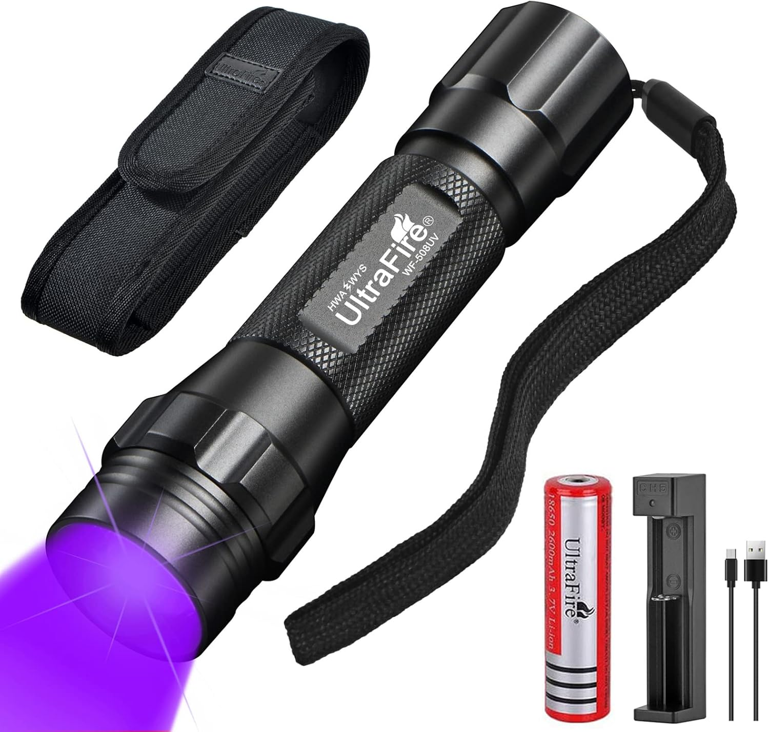 Ultrafire WF-508UV UV Torch 395-405Nm Black Light Zoomable Ultraviolet LED Torch with Holster, 3.7 V 2600 Mah Rechargeable Battery and Charger image number 6