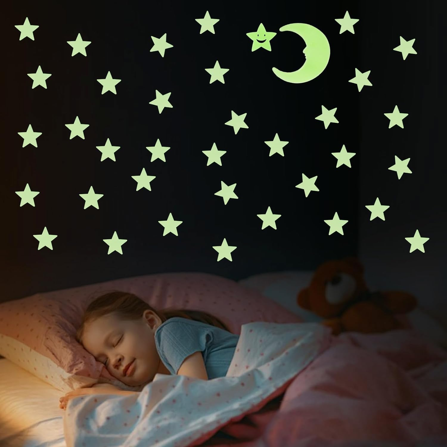 102 Pcs Glow in the Dark Star Stickers, Fluorescent Green 100 Stars 1 Moon 1 Smiling Star with Adhesive Tape, Ceiling & Wall Decals Decor for Kids Boys Nursery Bedroom Living Room image number 1