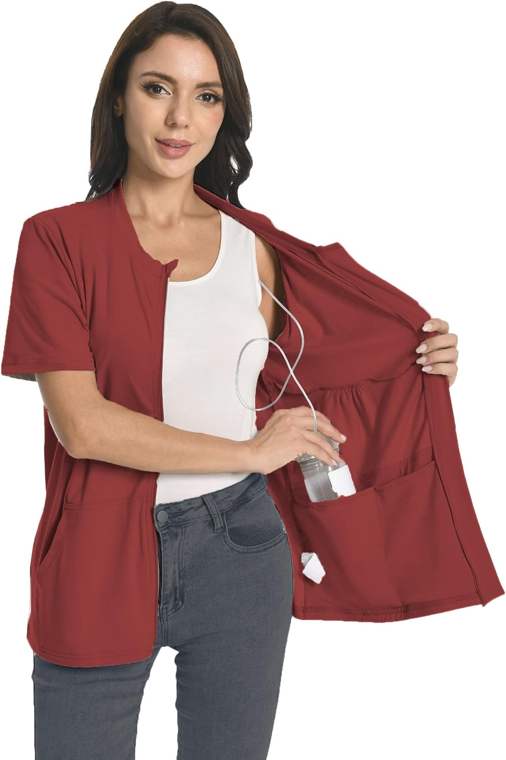 Post Mastectomy Zip Shirts with Drain Pockets Surgery Recovery Must Haves Clothing Comfy Short Sleeve Shirts image number 4