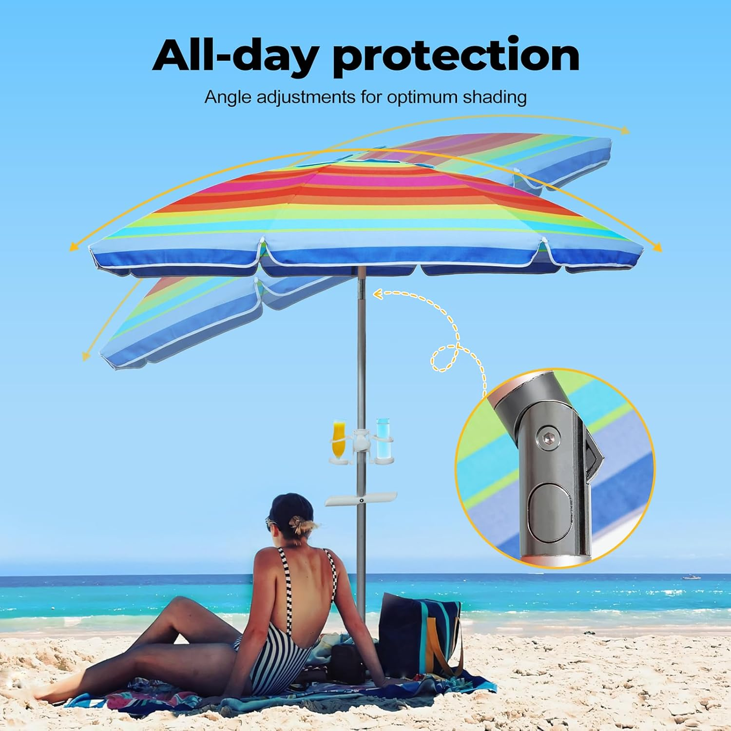 2M/2.2M Sand Beach Umbrella, Heavy Duty High Wind Parasols with Sand Anchor & Tilt Sun Shelter, UV 50+ Protection Outdoor Sunshade Umbrella with Carry Bag for Patio Garden Beach Pool Backyard Stripe image number 4