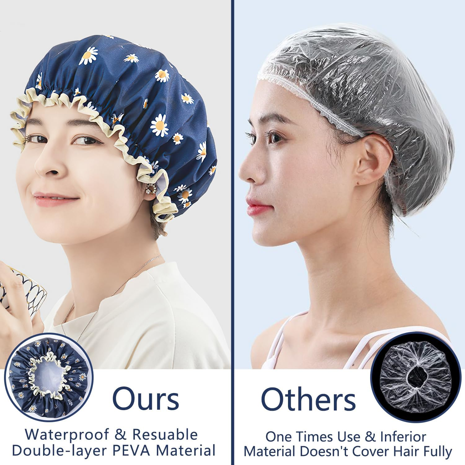 Women'S Double Layer Waterproof Shower Cap with Floral Pattern for Long Short Curly Hair (Blue) image number 6