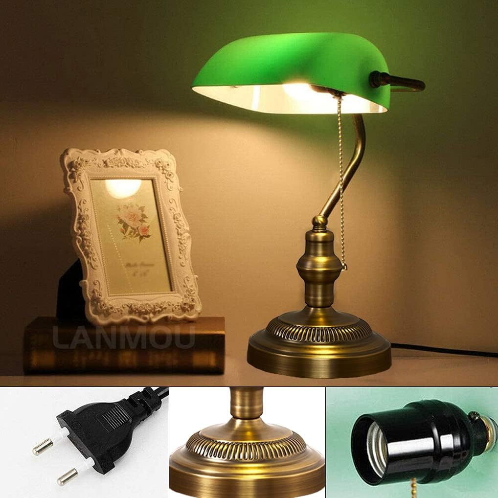 OIJVRHN Desk Lamp Retro Green Glass Shade Polished Brass Metal Base E27 Bankers Table Lamp with Pull Line Switch