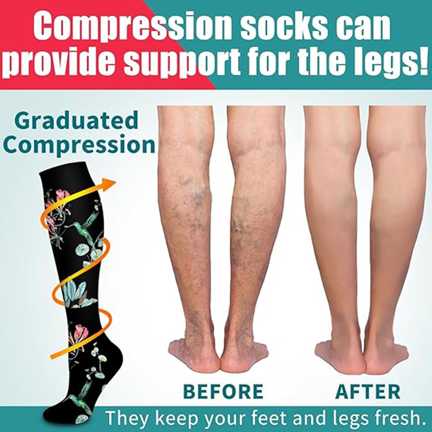 Compression Socks for Men & Women Circulation, MH MOIHSING Compression Stocking 15-20 Mmhg Best Support for Athletic Running, Swelling, Nurse, Flight, Travels, Nurses, Edema (3 Pairs) image number 5
