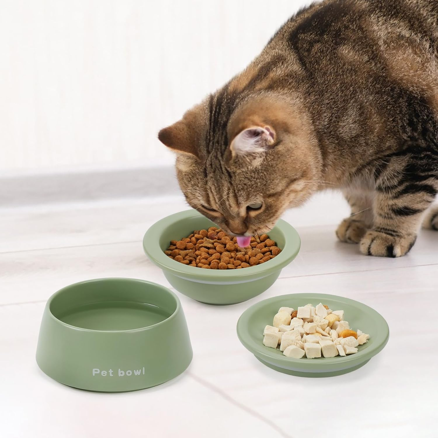 PETTOM Ceramic Cat Bowls, 3-In-1 Extra Wide Whisker Friendly Food and Water Set in Green for Easy Feeding, Cat Feeding Bowls anti Slip to Enhance Mealtime image number 6