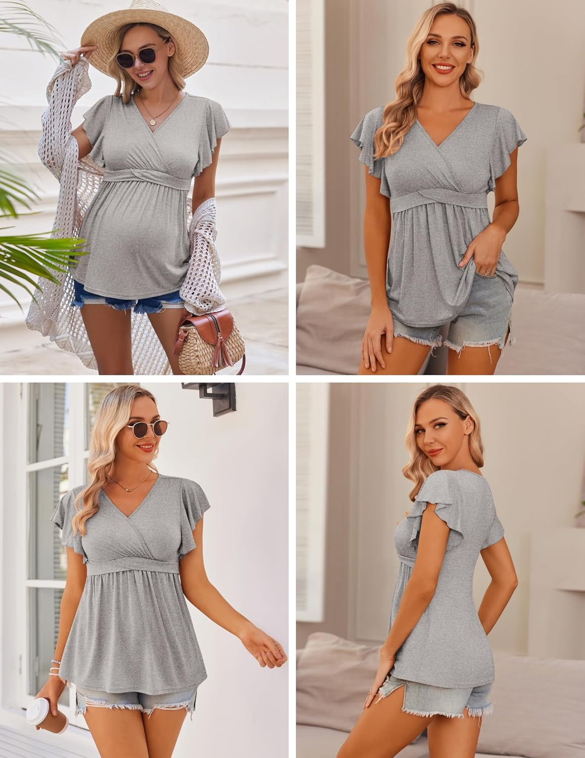 Ekouaer Women'S Maternity Shirts 3 Packs Flying Short Sleeve Nursing Tops V Neck Breastfeeding Tees Pregnancy Clothes image number 3