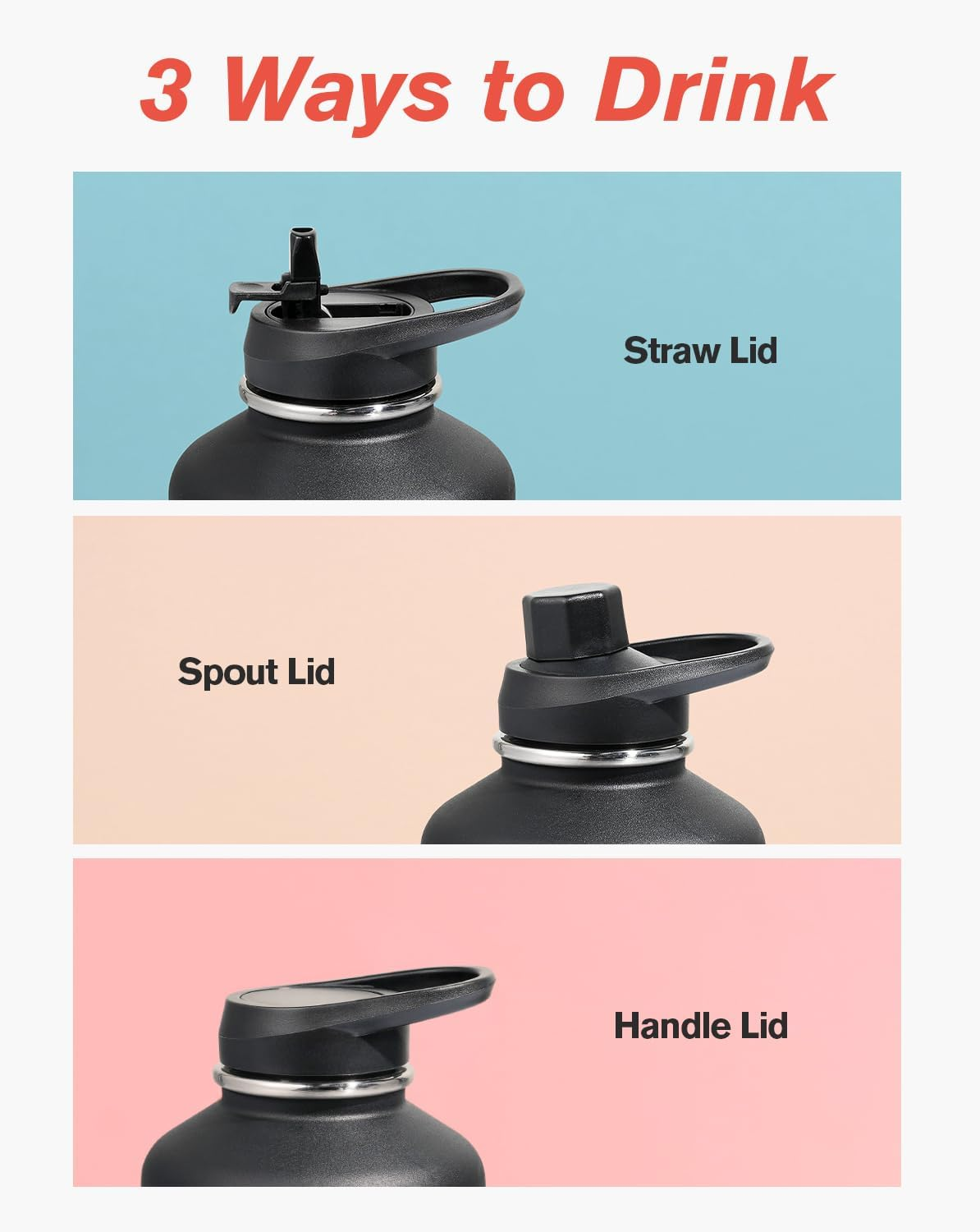 Coolflask 64 Oz Insulated Water Bottle with Strap & Sleeve, Half Gallon Water Jug 3 Lids Stainless Steel Multifunctional Flask Bpa-Free, Keep 48H Cold 24H Hot, Compact Yoga/Gym Bottle, Black