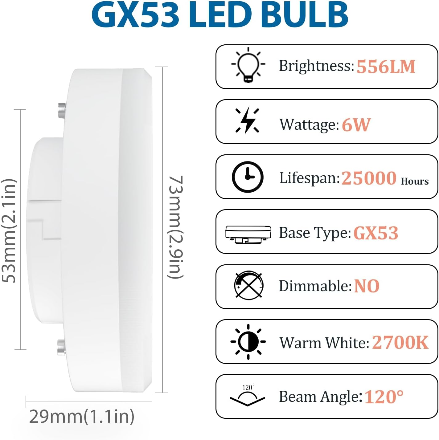 LUTW GX53 LED Bulb, 6W Equivalent to 50W Halogen, 2700K Warm White Light, Non-Dimmable, Beam Angle: 120&deg;, 556LM GX53 Recessed LED Spotlight for Cabinets, Showcases, Wardrobes, Pack of 4 image number 2