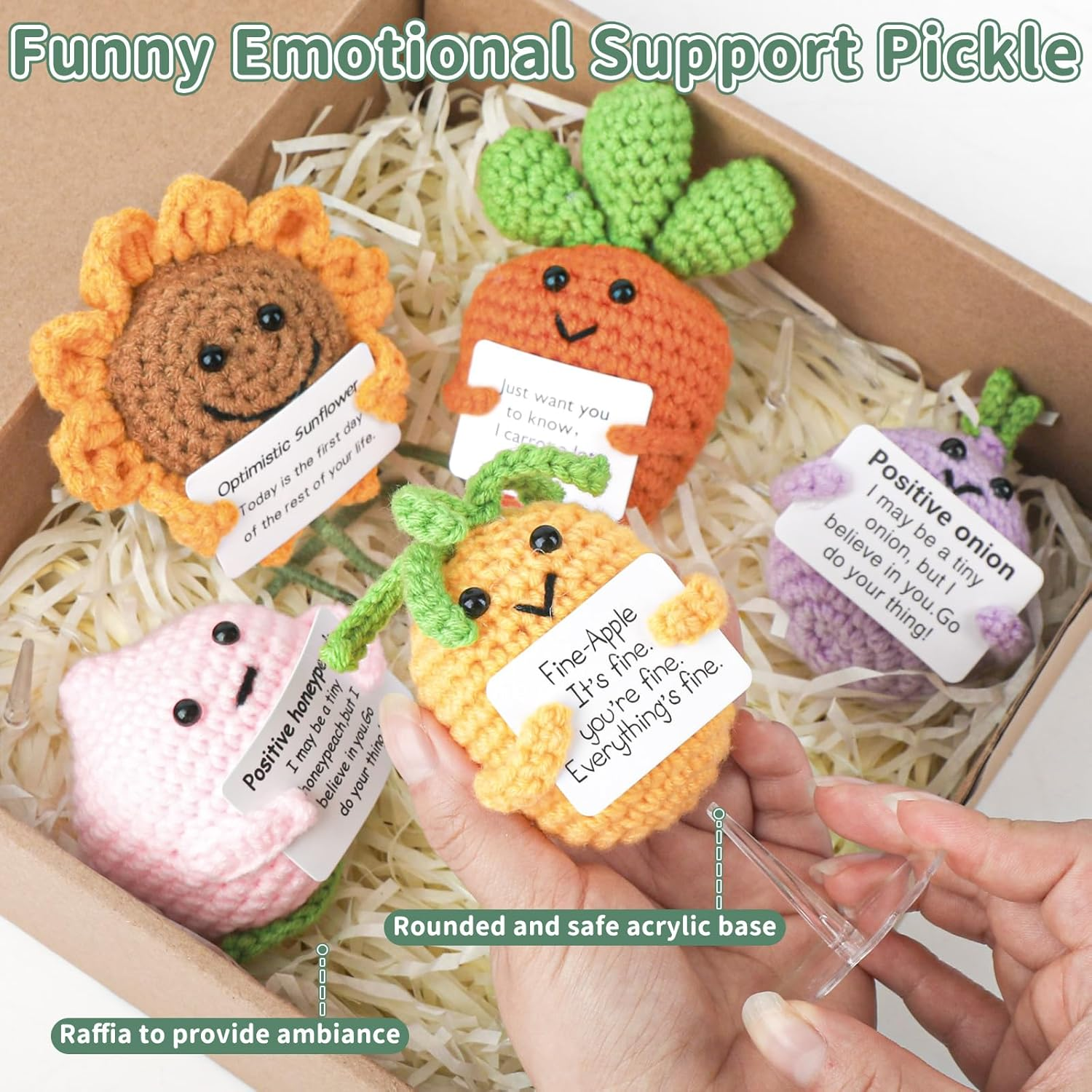 6 Pcs Crochet Emotional Support Positive Pickle for Women, Small Plush Novelty Funny Emotional Support Avocado Pickle Toys with Positive Note for Desk Home Decor Birthday Valentines Gift image number 2