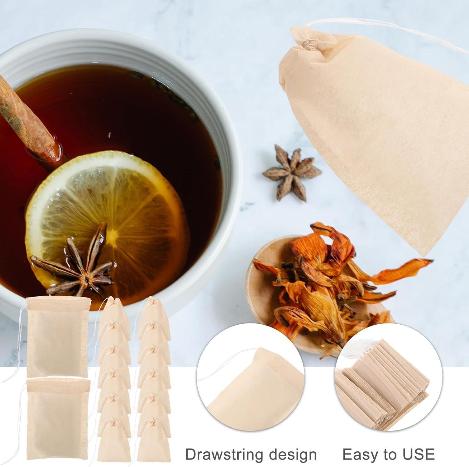 ULTECHNOVO 100Pcs Drawstring Tea Filter Bags Natural Color Coffee Filter Bags 6X8Cm Disposable Strainer and Herbal Use image number 2