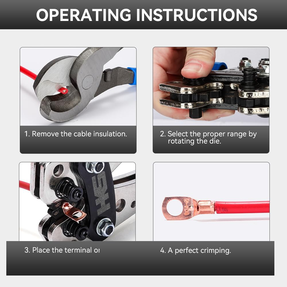 Aucent Battery Cable Lug Crimping Tool Wire Crimper with 60Pcs Lugs and Wire Cutter AWG 10-1/0 for Copper Ring Terminals image number 3