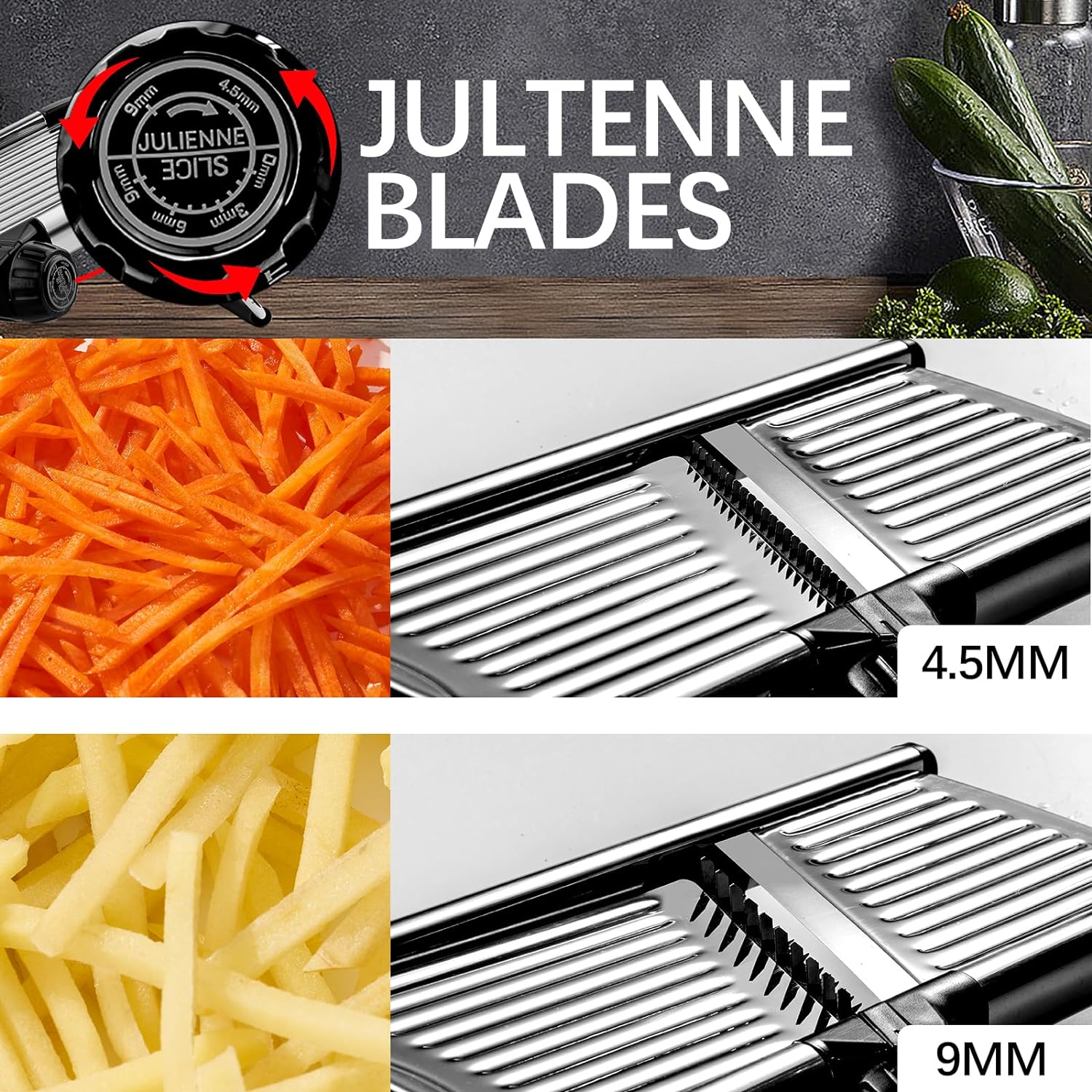 VEKAYA Mandoline Slicer,Mandoline Food Slicer for Kitchen,Mandolin,Potato Slicer,Vegetable Chopper,Adjustable Stainless Steel Veggie Onion Tomato Julienne Cutter with Cut-Resistant Gloves - Silver image number 3