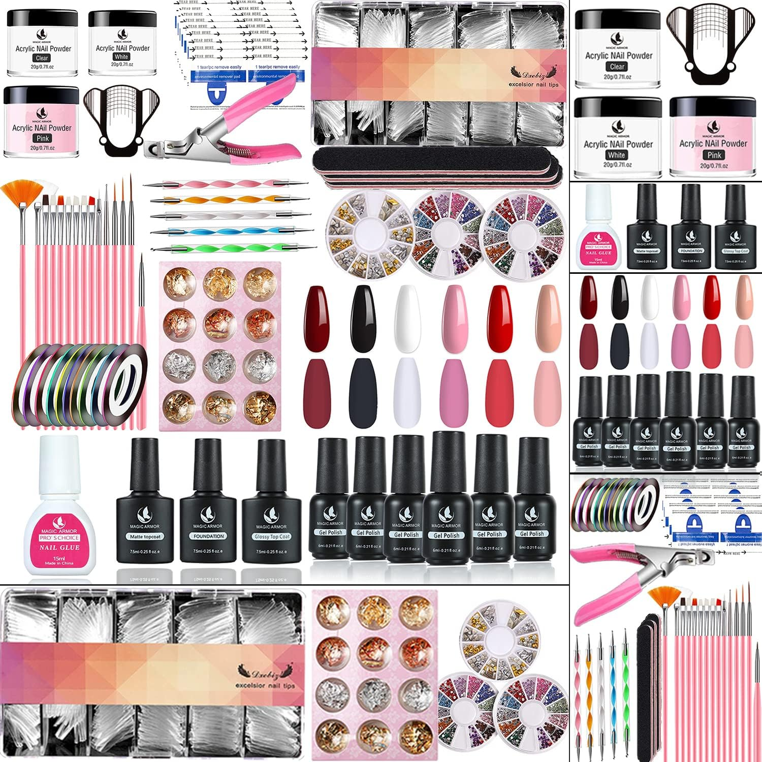 MAGIC ARMOR Acrylic Nail Kit Gel Nail Polish with 3 Colors Acrylic Powder with Fake Nails and Nail Glue Nail Art Brushes Manicure Tools Nail Rhinestones, for Salon and Beginner Nail Art Extension image number 6